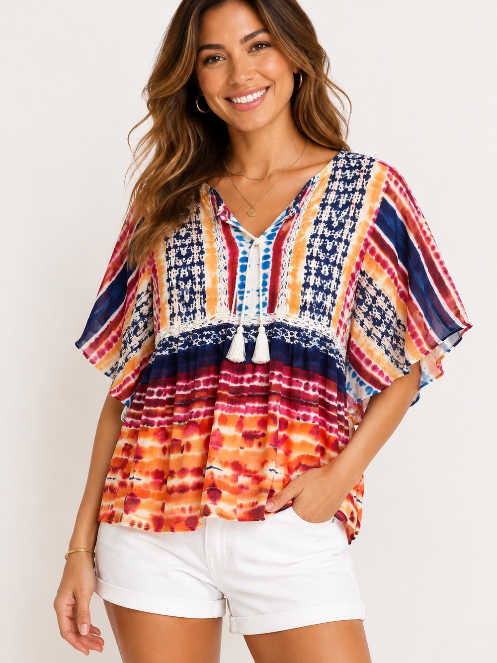 Bll New York Tops Bll‎ New York Tie Dye Tassel Top Shirt Boho Flowy, Size M